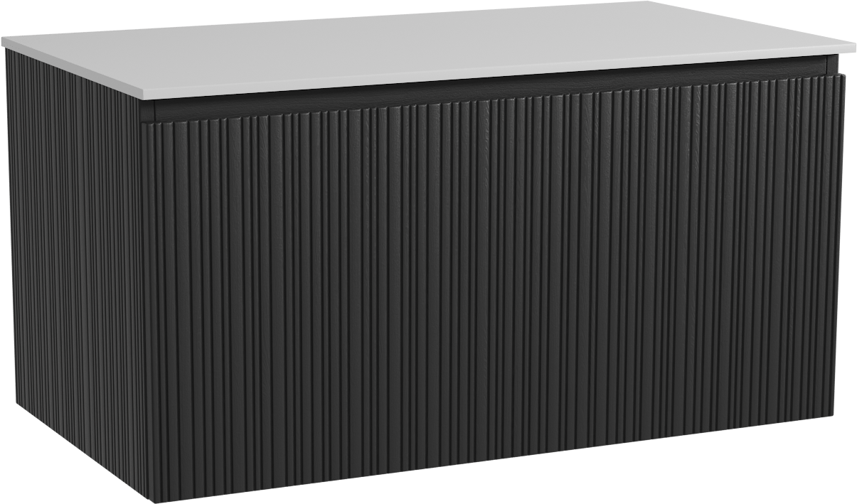 Storke Ribs zwevend badmeubel 95 x 52 cm zwart eiken met Tavola enkel wastafelblad in solid surface mat wit, Verticale asymmetrische rechte ribbel