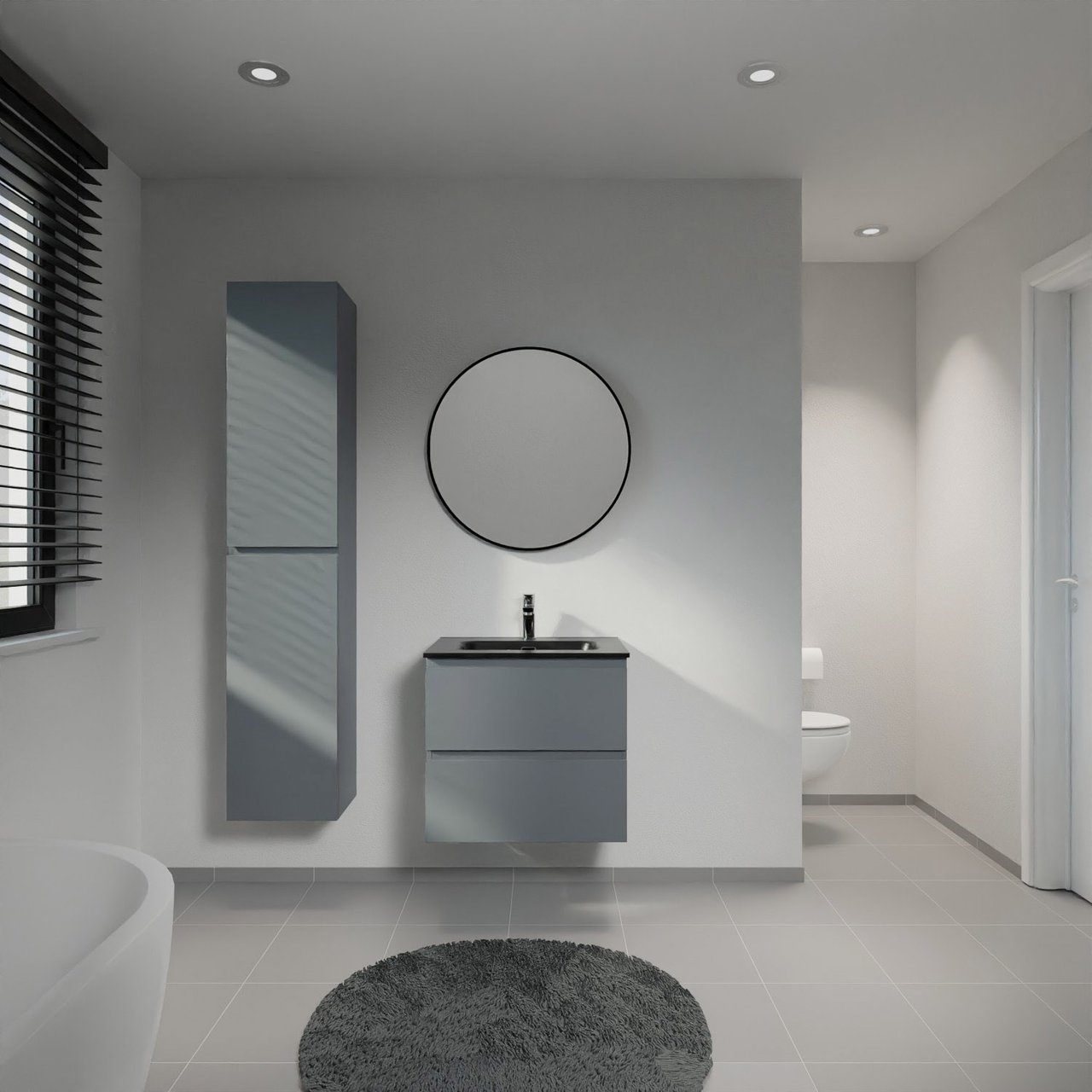 Linie Lado meuble salle de bains suspendu 60 x 46 cm bleu anthracite avec Baro plan simple en porcelaine noir mat