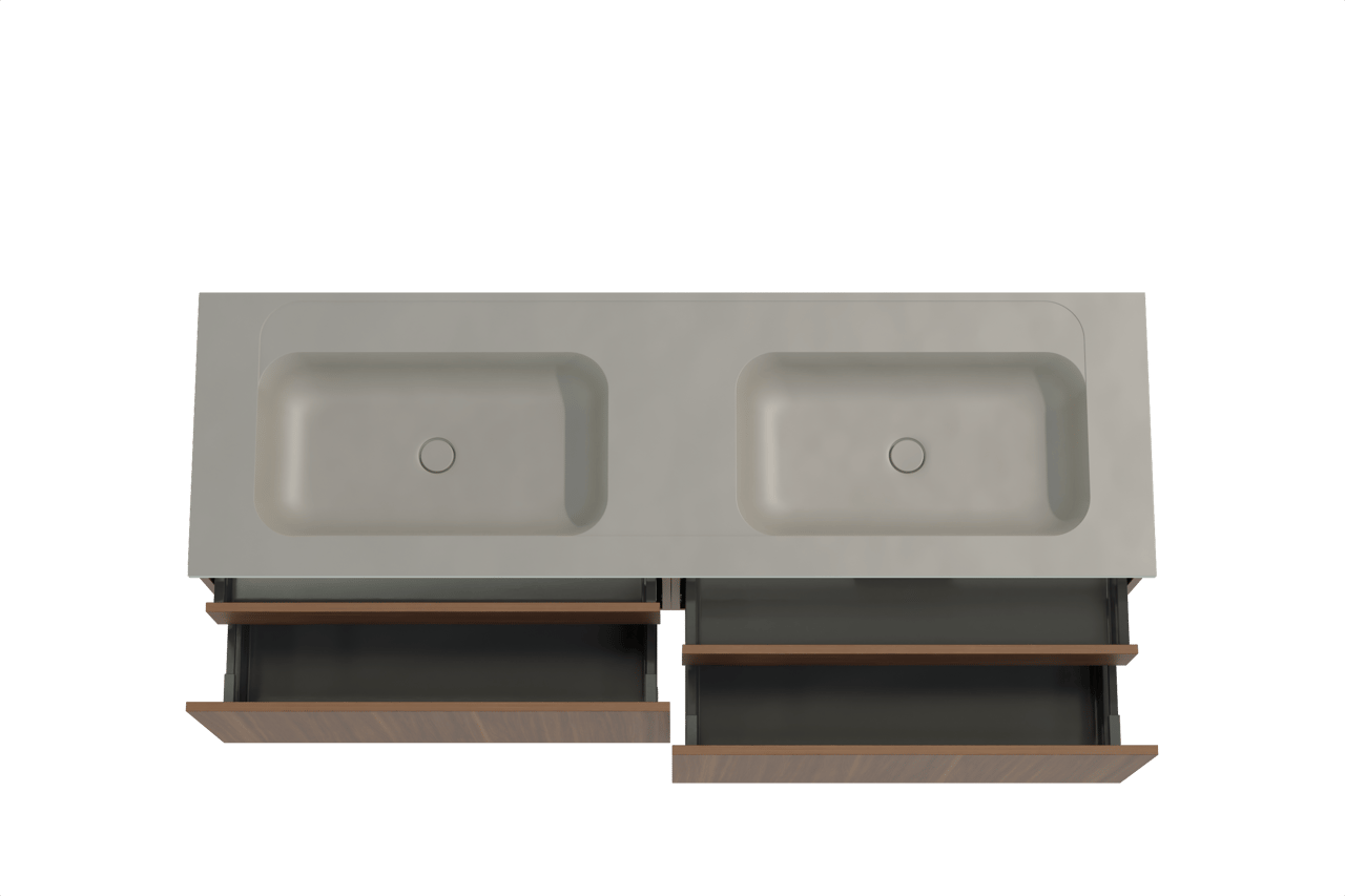 Balmani Sfera hängendes Möbelstück Set: 180 x 55 cm, Amerikanischer Nussbaum, mit Tablo Strada Doppelwaschtisch, Marmorkomposit Seidengrau