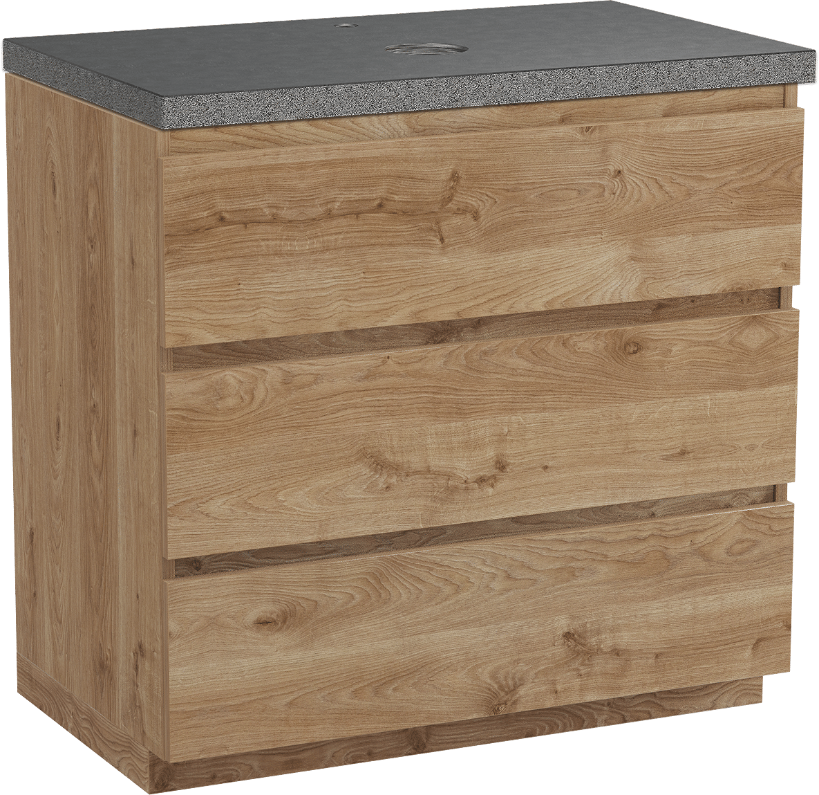 Balmani Lucida freistehendes Möbelstück Set: 90 x 55 cm, Rohe Eiche, mit Rock Einzel Waschtischplatte, Schwarzes Granit