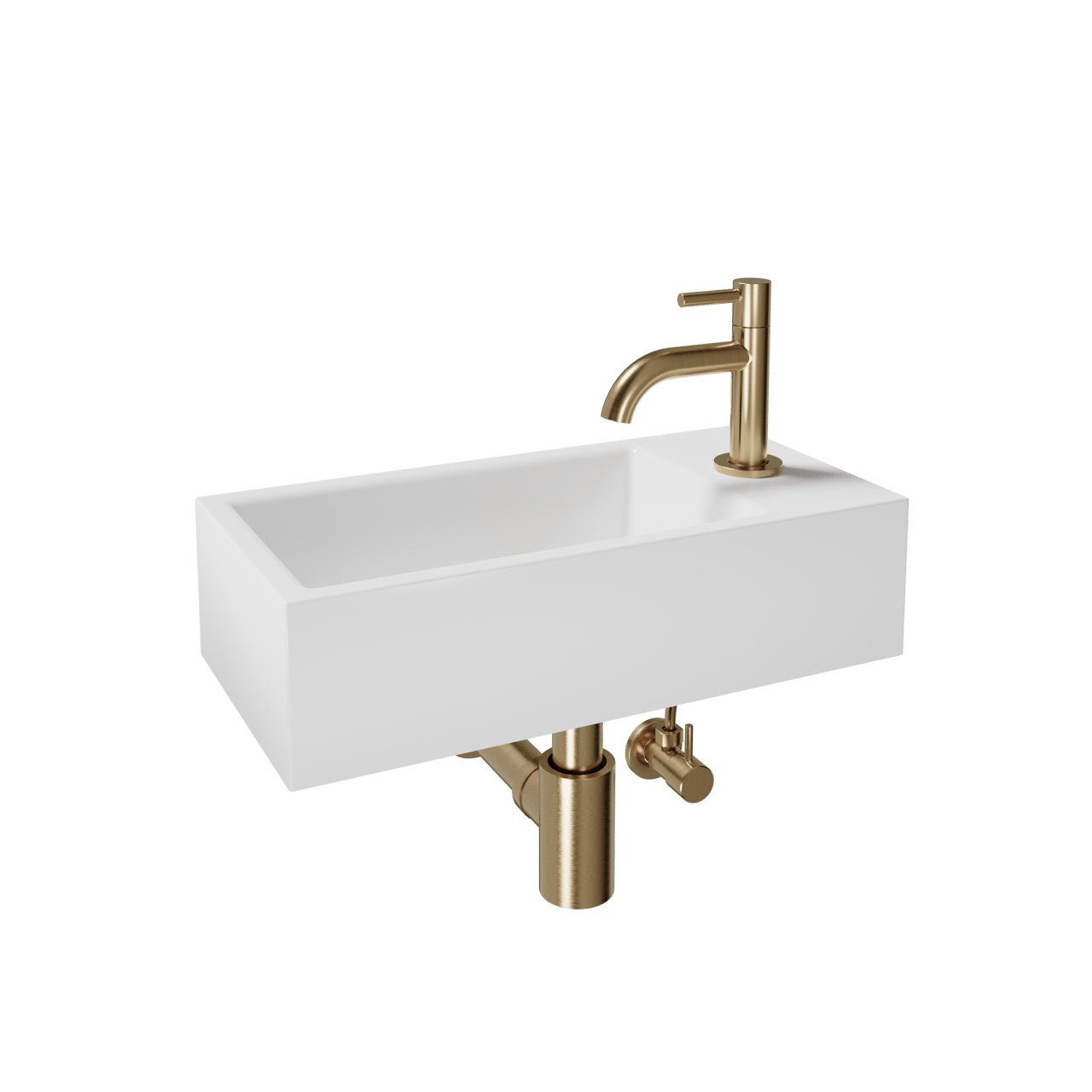 Luca Varess Cubic midi handenwasser glanzend wit Porselein rechts 40,5 x 20 cm inclusief brushed champaign gold kraan en toebehoren