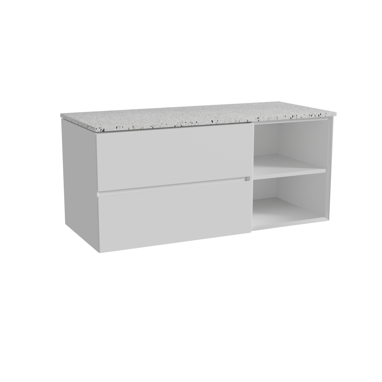 Storke Edge zwevend badmeubel 120 x 52 cm mat wit met Tavola enkel of dubbel wastafelblad in mat wit/zwart terrazzo