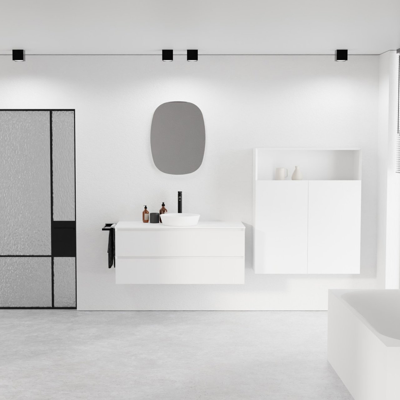 Balmani Mitra hängendes Möbelstück Set: 120 x 55 cm, Weiß matt, mit Stretto Einzel- oder Doppel Waschtischplatte, Solid Surface Weiß matt