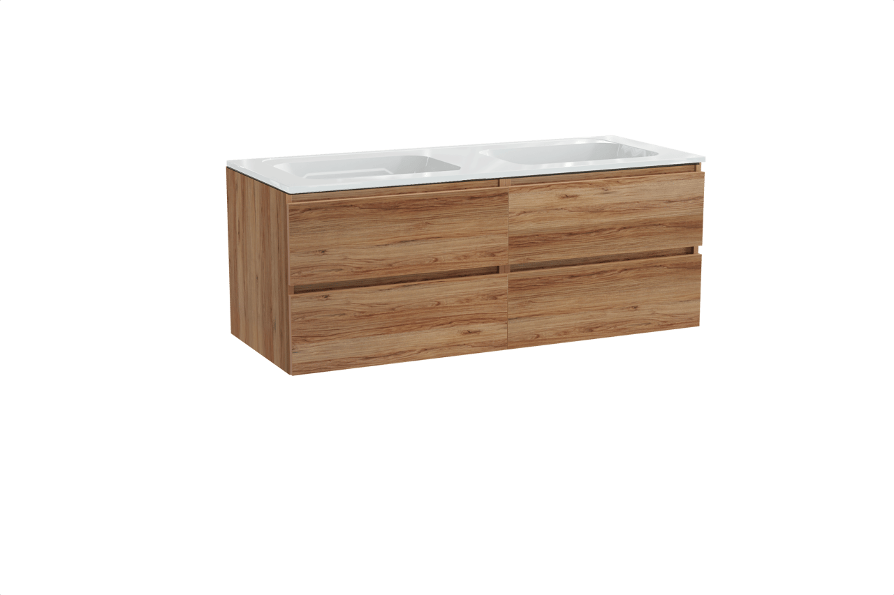 Balmani Lucida hängendes Möbelstück Set: 135 x 55 cm, Teak, mit Tablo Strada Doppelwaschtisch, Marmorkomposit Weiß glänzend