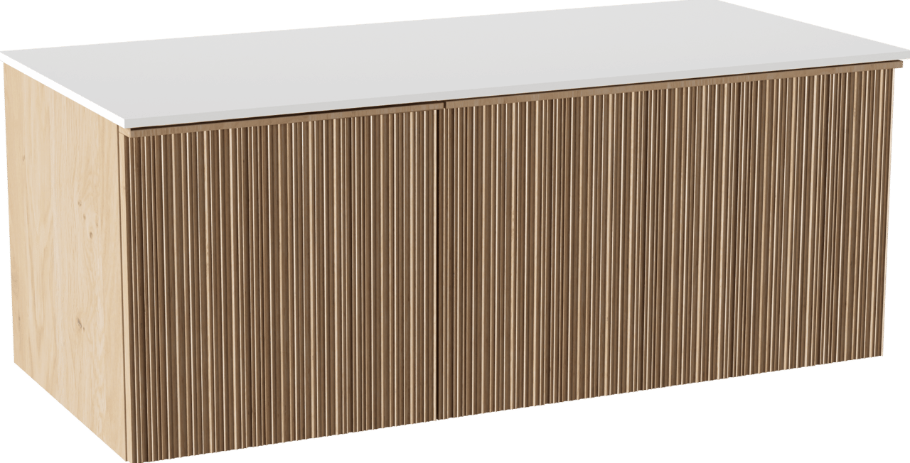 Balmani Forma zwevend badmeubel 120 x 55 cm naturel eiken met Stretto enkel of dubbel wastafelblad in solid surface mat wit, Verticale asymmetrische ronde ribbel