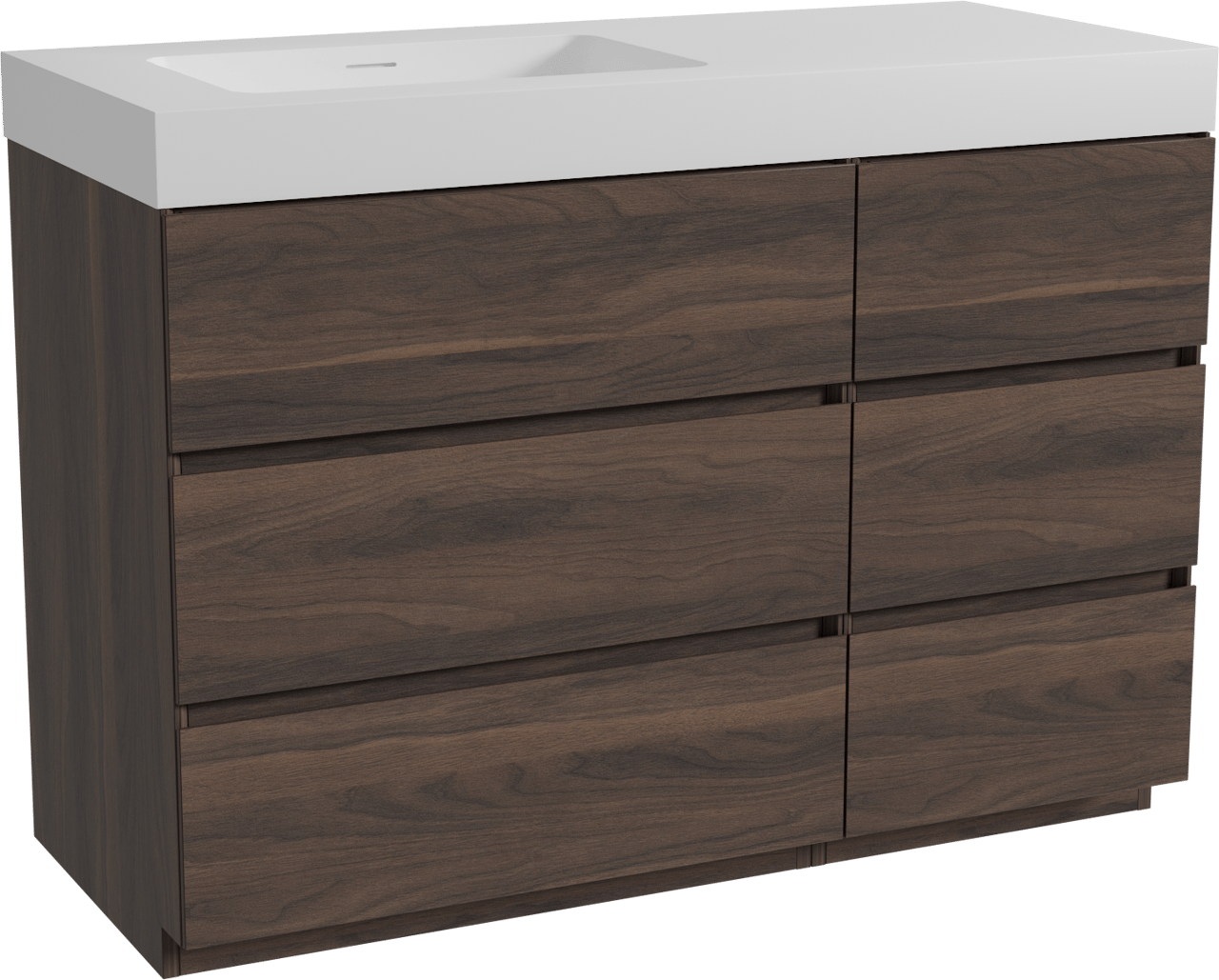 Storke Edge freistehendes Möbelstück Set: 120 x 52 cm, Nussbaum, mit Mata High Waschtisch links, Solid Surface Weiß matt