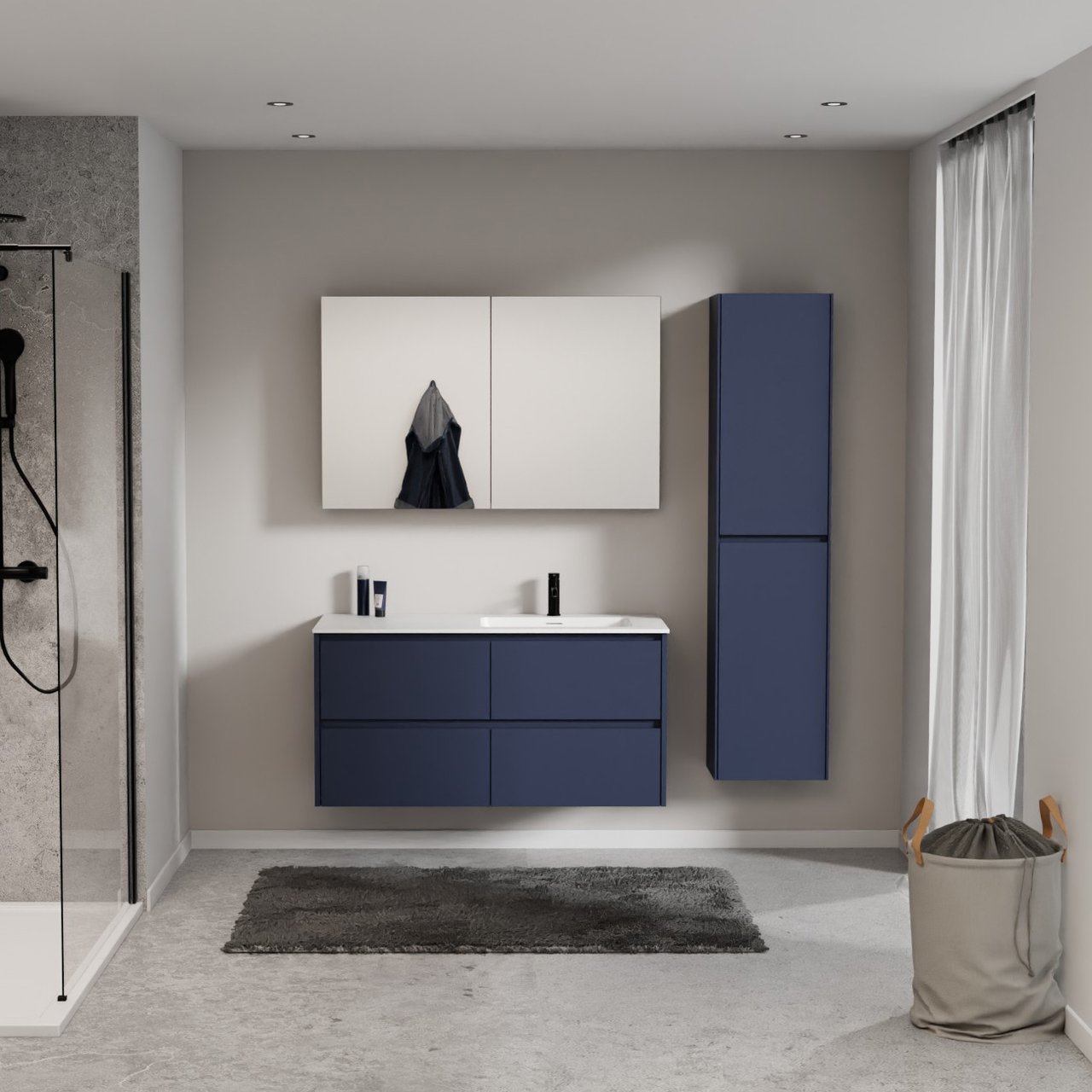 Storke Seda zwevend badkamermeubel 120 x 52 cm nachtblauw met Mata asymmetrisch rechtse wastafel in solid surface mat wit