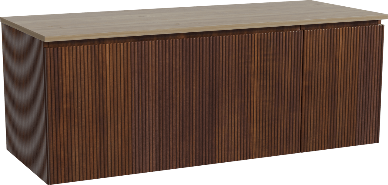 Storke Ribs zwevend badkamermeubel 130 x 52 cm notelaar met Panton enkel of dubbel tablet in melamine ruwe eik, Verticale symmetrische rechte ribbel