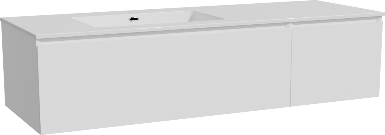 Storke Edge meuble salle de bains suspendu 150 x 52 cm blanc mat avec Diva plan vasque asymétrique à gauche en marbre composite blanc brillant