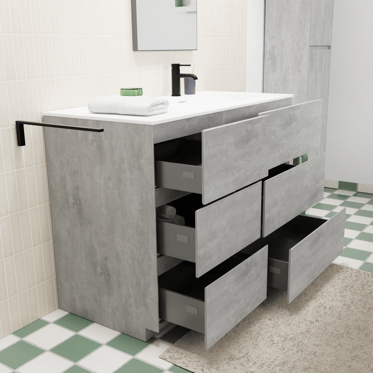 Storke Edge freistehendes Möbelstück Set: 110 x 52 cm, Beton dunkelgrau, mit Mata Waschtisch rechts, Solid Surface Weiß matt