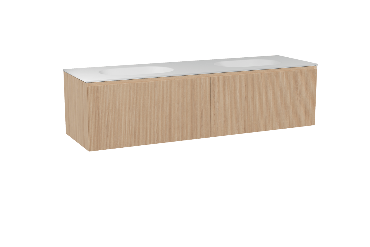 Balmani Fila meuble salle de bains suspendu 180 x 55 cm chêne naturel avec Tablo Oval double vasque en solid surface blanc mat, Nervure droite symétrique verticale