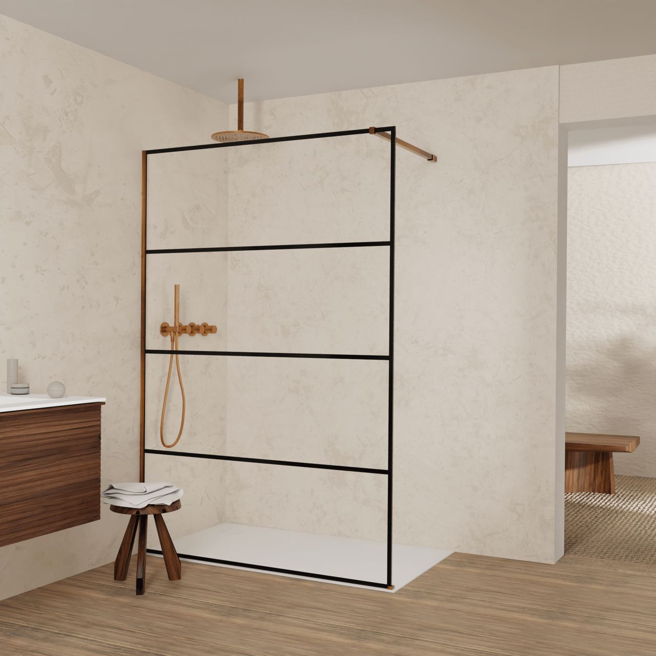 Balmani Modular Walk-In Dusche: 140 x 200 cm, Lined, Profil Brushed Rosegold