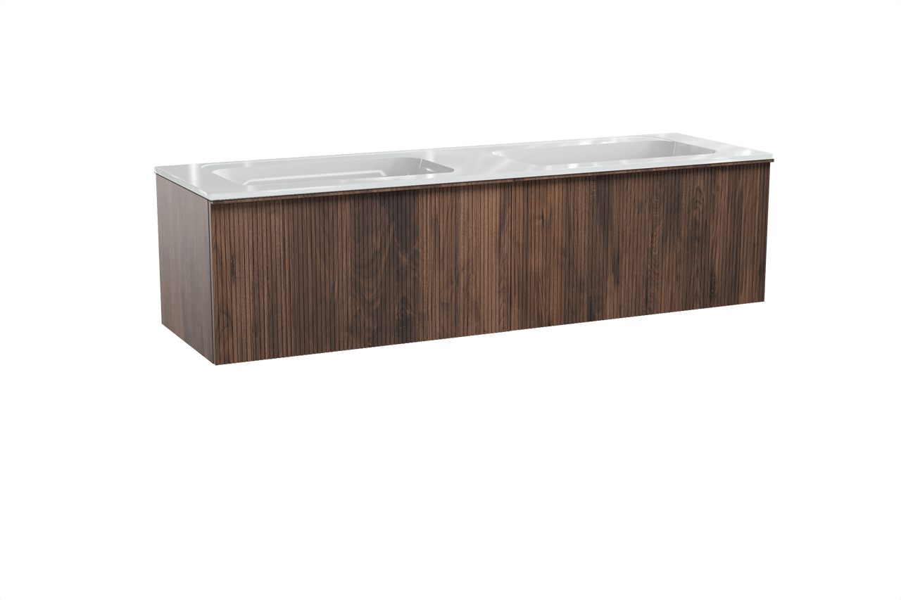 Balmani Forma hängendes Möbelstück Set: 180 x 55 cm, Amerikanischer Nussbaum, mit Tablo Strada Doppelwaschtisch, Marmorkomposit, Weiß glänzend, Vertikale symmetrische gerade Rippe