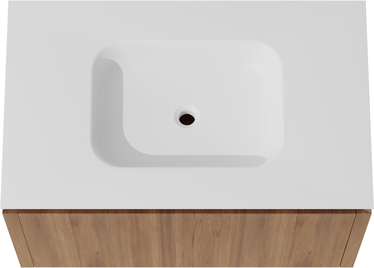 Balmani Eclips zwevend badkamermeubel 90 x 55 cm Teak met Eclips enkele wastafel in Solid Surface mat wit
