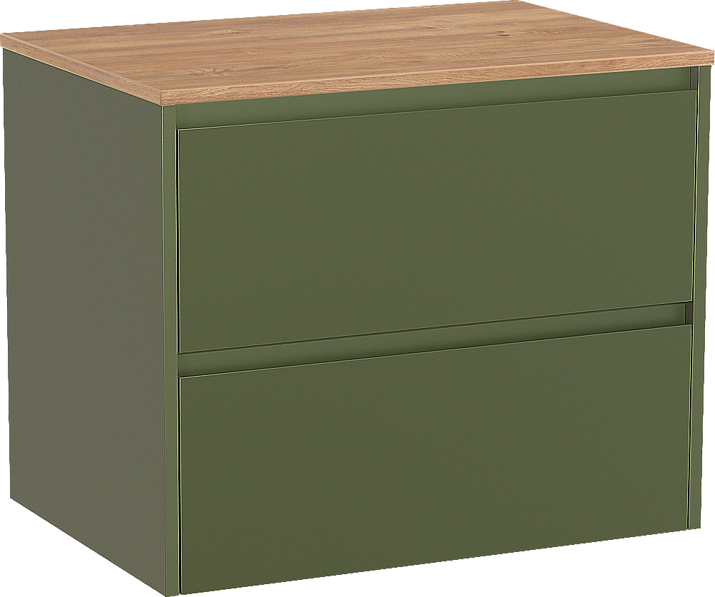 Storke Seda zwevend badmeubel 75 x 52 cm olijfgroen met Panton enkel wastafelblad in melamine ruw eiken