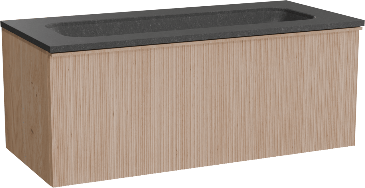 Balmani Forma zwevend badmeubel 120 x 55 cm naturel eiken met Tablo Arcato enkele wastafel voor 2 kraangaten in zwart graniet, Verticale asymmetrische ronde ribbel