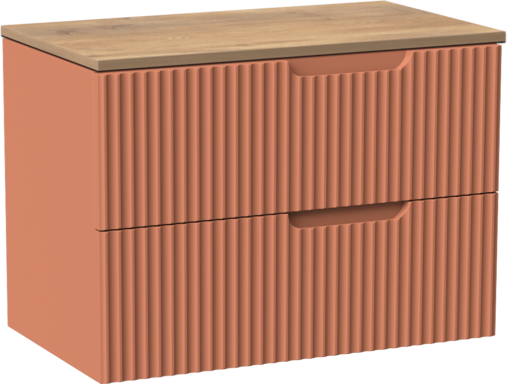 Linie Ribbo meuble salle de bains suspendu 80 x 46 cm cotto avec Lado tablette simple en mélaminé chêne naturel, Nervure circulaire symétrique verticale