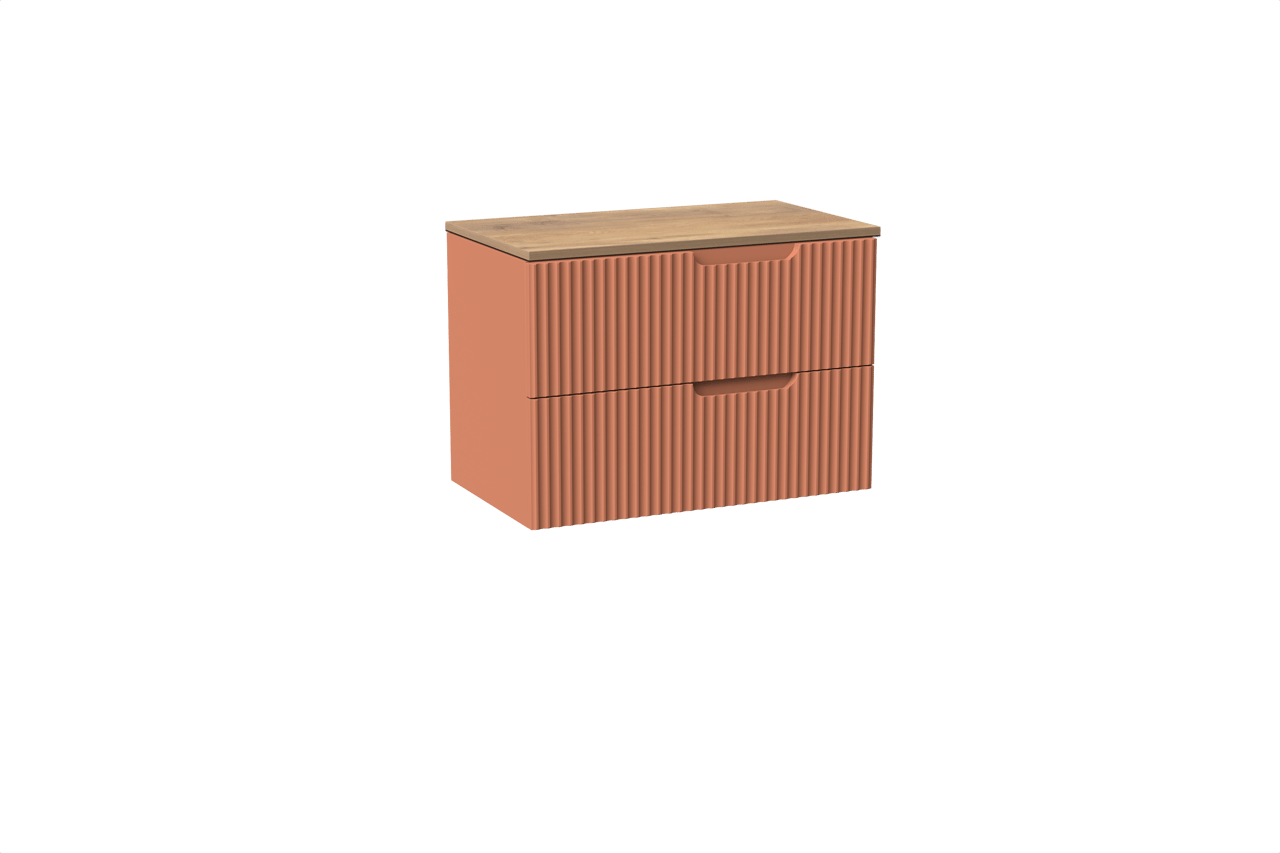 Linie Ribbo meuble salle de bains suspendu 80 x 46 cm cotto avec Lado tablette simple en mélaminé chêne naturel, Nervure circulaire symétrique verticale