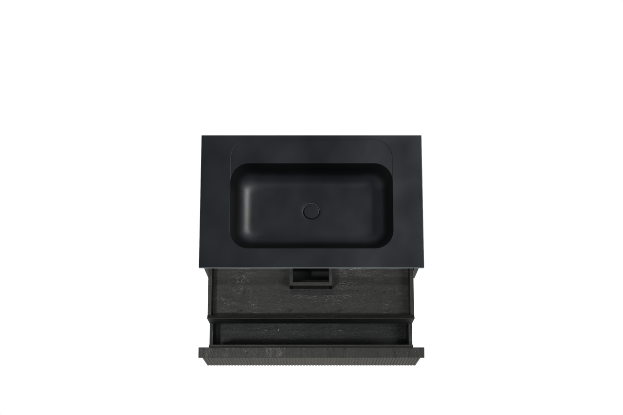 Balmani Forma meuble salle de bains suspendu 90 x 55 cm chêne noir avec Tablo Strada plan simple en marbre composite noir mat, Nervure droite symétrique verticale