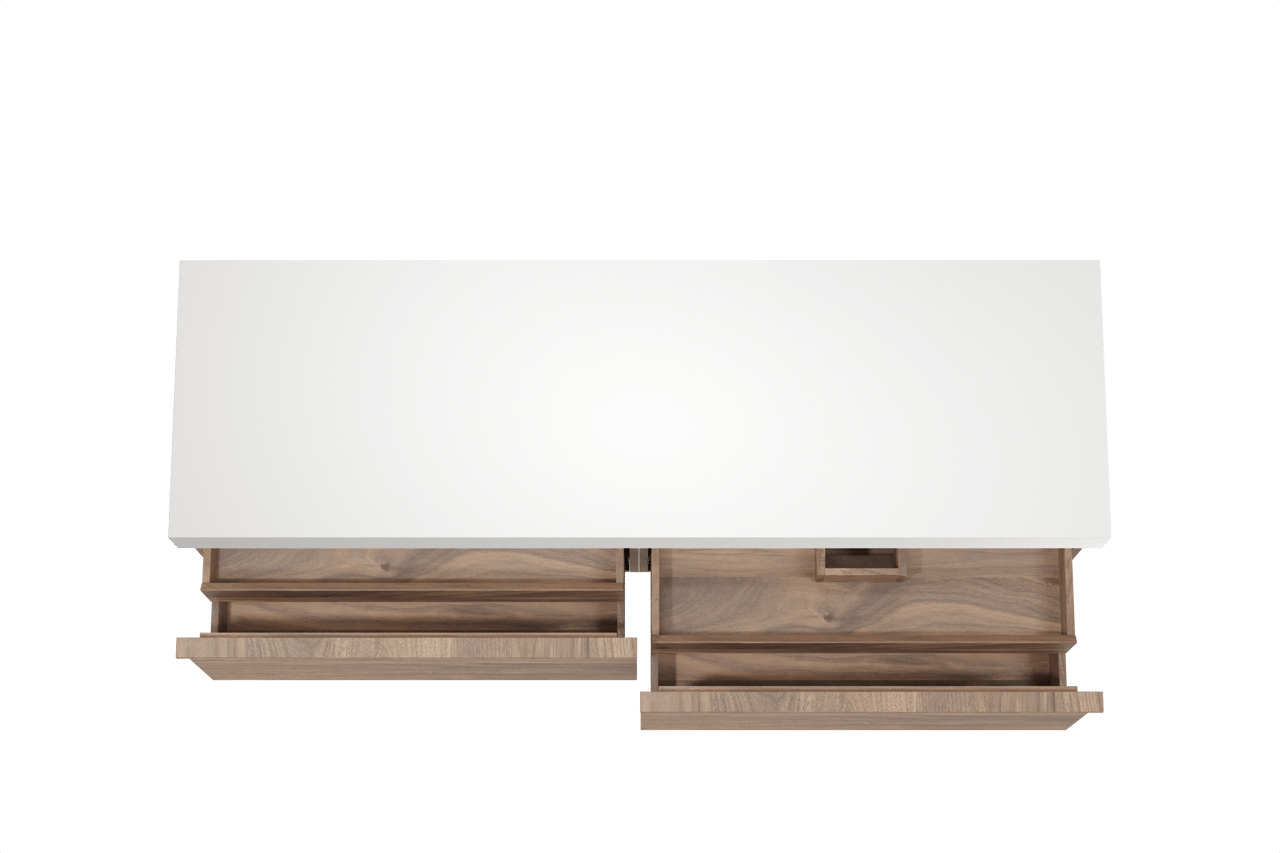 Balmani Forma meuble salle de bains suspendu 180 x 55 cm noyer américain avec Dominus tablette simple ou double en solid surface blanc mat, Nervure droite symétrique horizontale