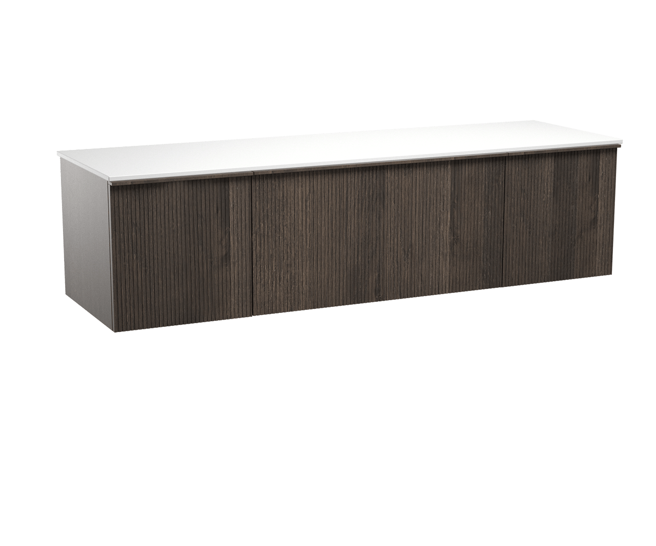 Balmani Forma zwevend badmeubel 180 x 55 cm gerookt eiken met Stretto enkel of dubbel wastafelblad in solid surface mat wit, Verticale symmetrische rechte ribbel