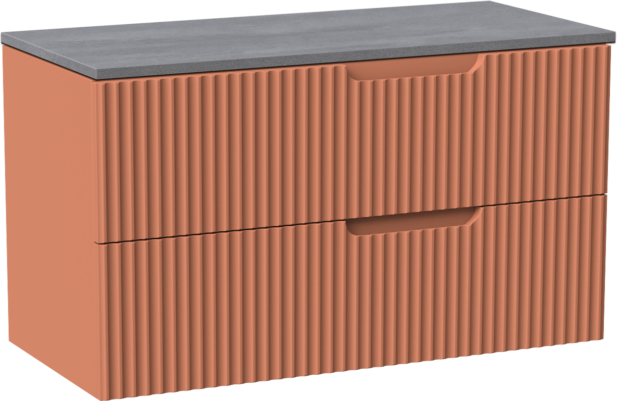 Linie Ribbo zwevend badmeubel 100 x 46 cm cotto met Lado enkel of dubbel wastafelblad in melamine beton donkergrijs, Verticale symmetrische ronde ribbel