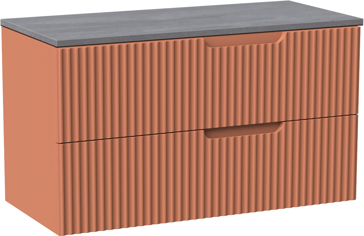 Linie Ribbo zwevend badmeubel 100 x 46 cm cotto met Lado enkel of dubbel wastafelblad in melamine beton donkergrijs, Verticale symmetrische ronde ribbel