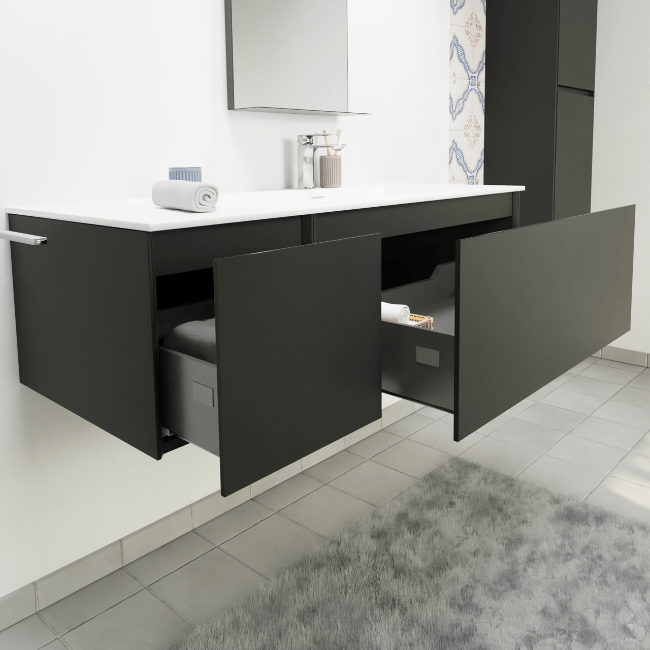 Storke Edge meuble salle de bains suspendu 120 x 52 cm noir mat avec Mata plan vasque asymétrique à droite en solid surface blanc mat