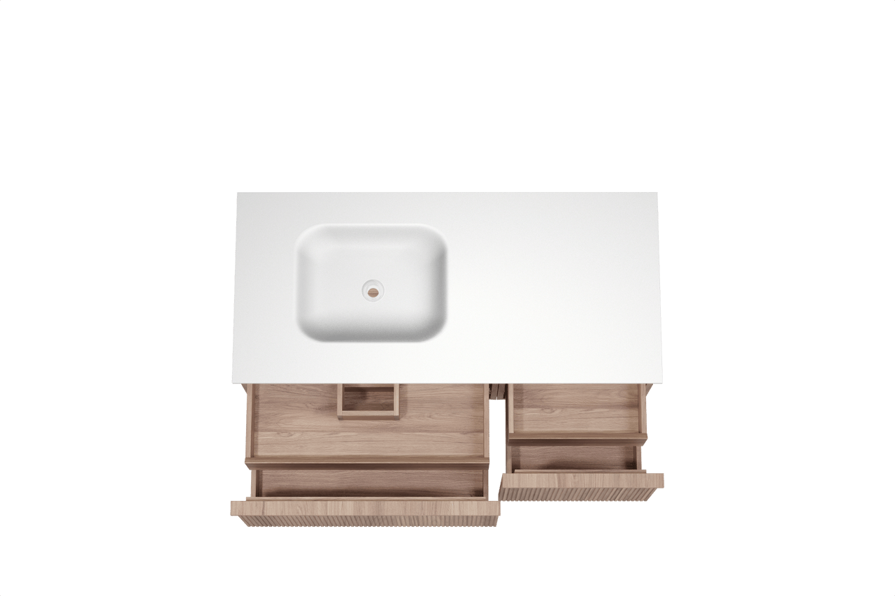 Balmani Forma hängendes Möbelstück Set: 120 x 55 cm, Teak, mit Tablo Arcato Waschtisch links, Solid Surface, Weiß matt, Vertikale symmetrische gerade Rippe
