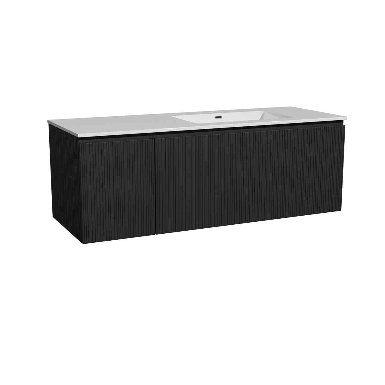 Storke Ribs hängendes Möbelstück Set: 140 x 52 cm, Schwarze Eiche, mit Diva Waschtisch rechts, Marmorkomposit, Weiß glänzend, Vertikale asymmetrische gerade Rippe