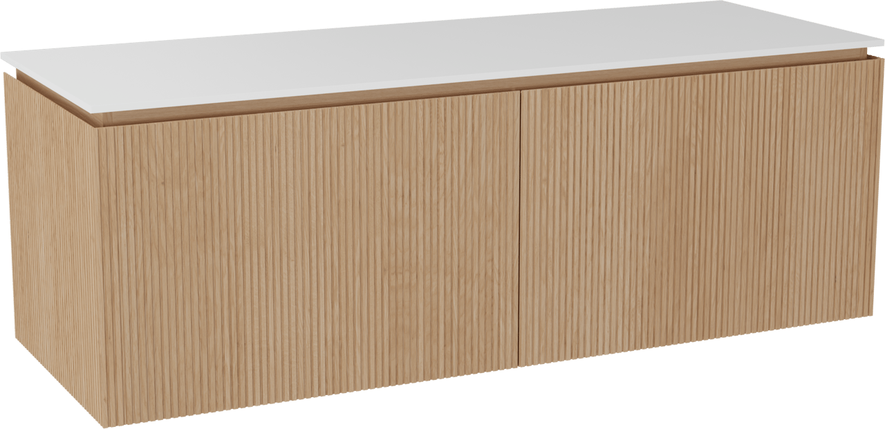 Balmani Eclips hängendes Möbelstück Set: 150 x 55 cm, Eiche Natur, mit Stretto Einzel- oder Doppel Waschtischplatte Solid Surface Weiβ matt, Vertikale symmetrische gerade Rippe