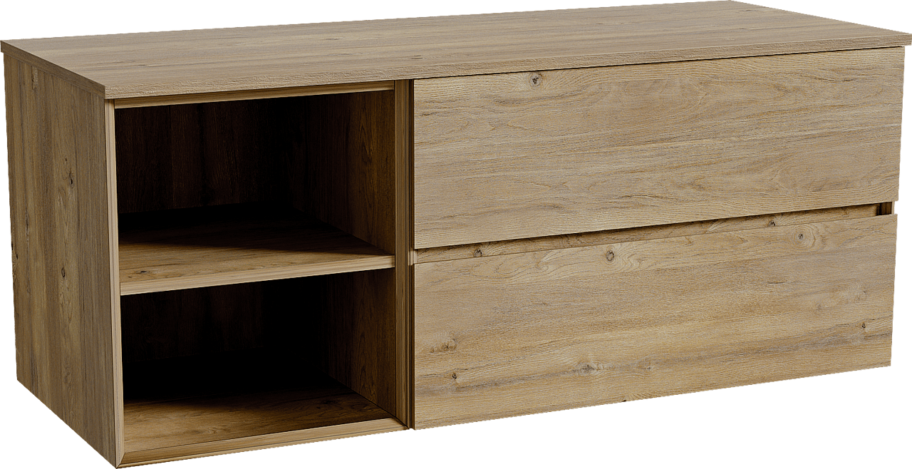 Storke Edge zwevend badkamermeubel 130 x 52 cm ruwe eik met Panton enkel of dubbel tablet in melamine ruwe eik