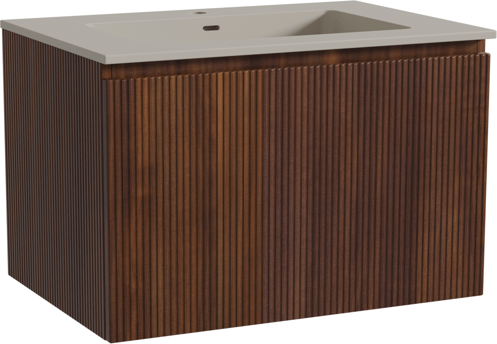 Storke Ribs zwevend badmeubel 75 x 52 cm notenhout met Diva enkele wastafel in top solid zijdegrijs, Verticale symmetrische rechte ribbel