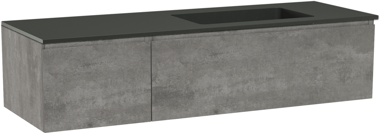Storke Edge meuble salle de bains suspendu 150 x 52 cm béton gris foncé avec Scuro plan vasque asymétrique à droite en quartz noir mat