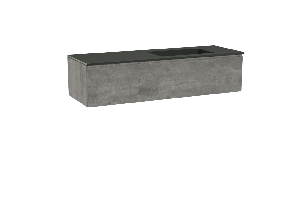 Storke Edge meuble salle de bains suspendu 150 x 52 cm béton gris foncé avec Scuro vasque asymétrique droite en quartz noir mat