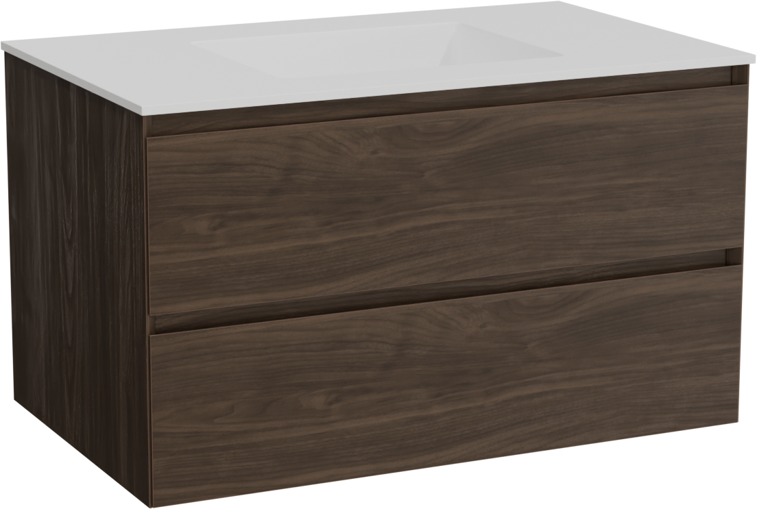 Balmani Mitra meuble salle de bains suspendu 90 x 55 cm noyer américain avec Tablo Stretto plan simple en solid surface blanc mat