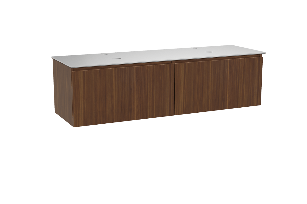 Balmani Sfera hängendes Möbelstück Set: 180 x 55 cm, Amerikanischer Nussbaum, mit Facetta Doppel Waschtischplatte, Solid Surface Weiß matt