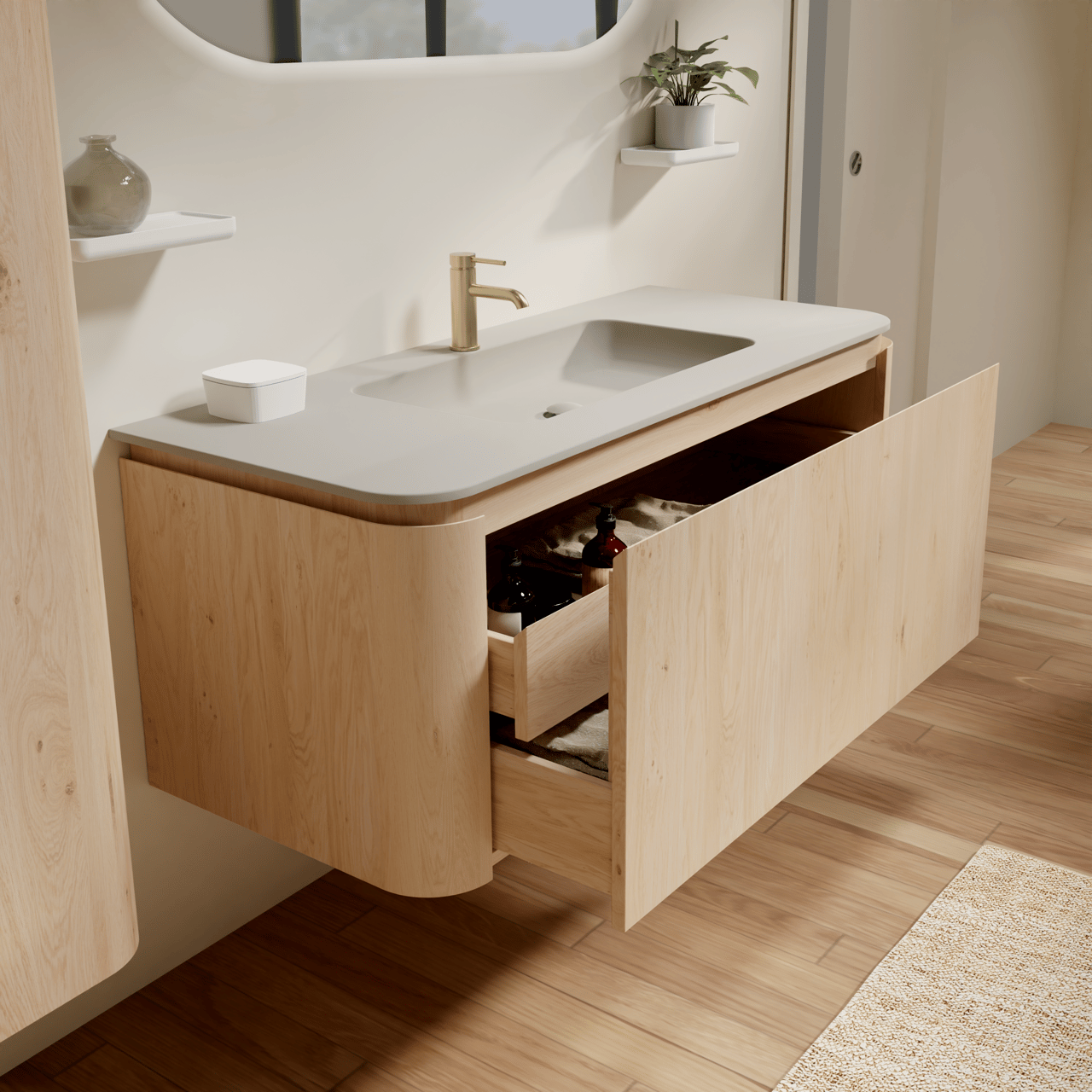 Balmani Moon meuble salle de bains suspendu 130 x 55 cm chêne naturel avec Moon plan simple en top solid soie grise