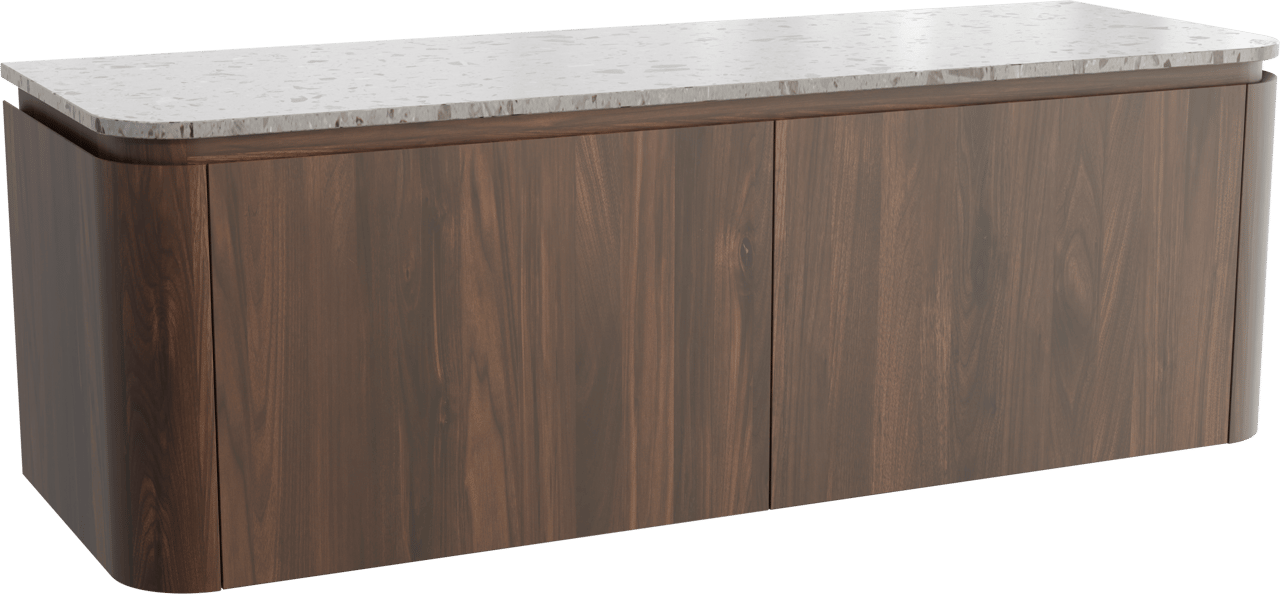 Balmani Moon hängendes Möbelstück Set: 160 x 55 cm, Amerikanischer Nussbaum, mit Moon Einzel- oder Doppel Waschtischplatte, Terrazzo in Greige