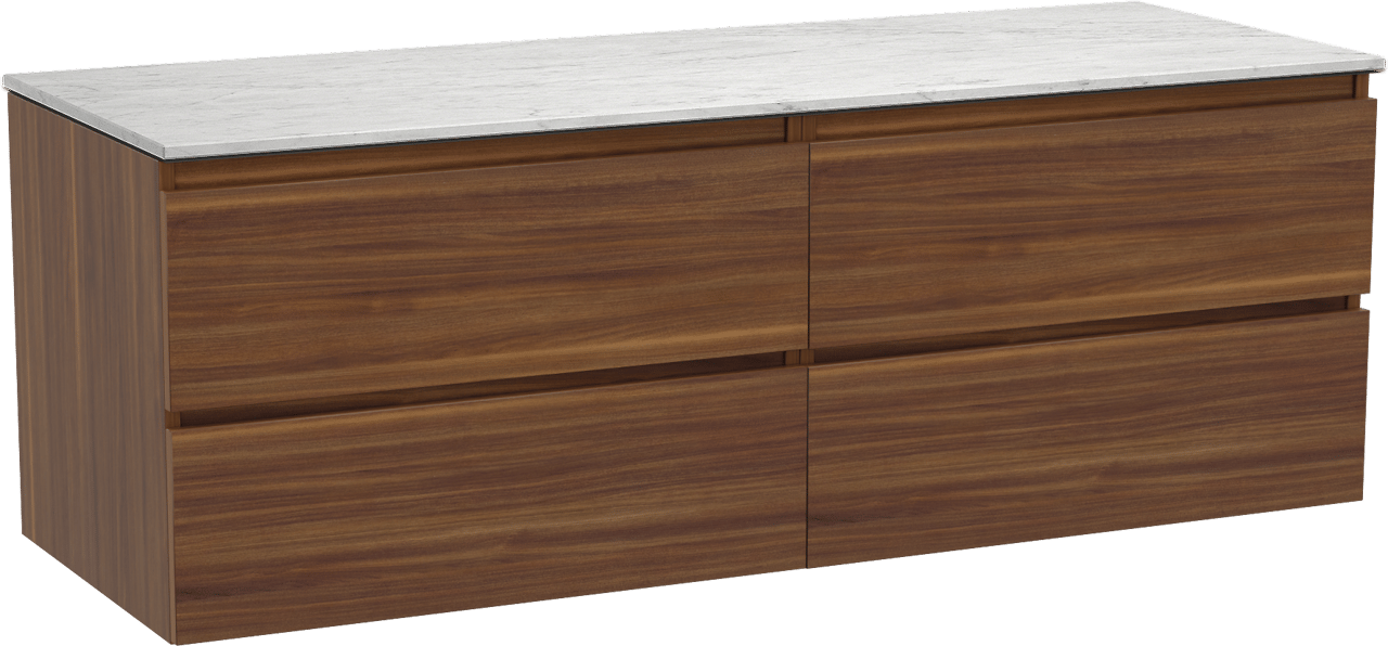 Balmani Lucida zwevend badmeubel 150 x 55 cm amerikaans notenhout met Stretto enkel of dubbel wastafelblad in marmer carrara
