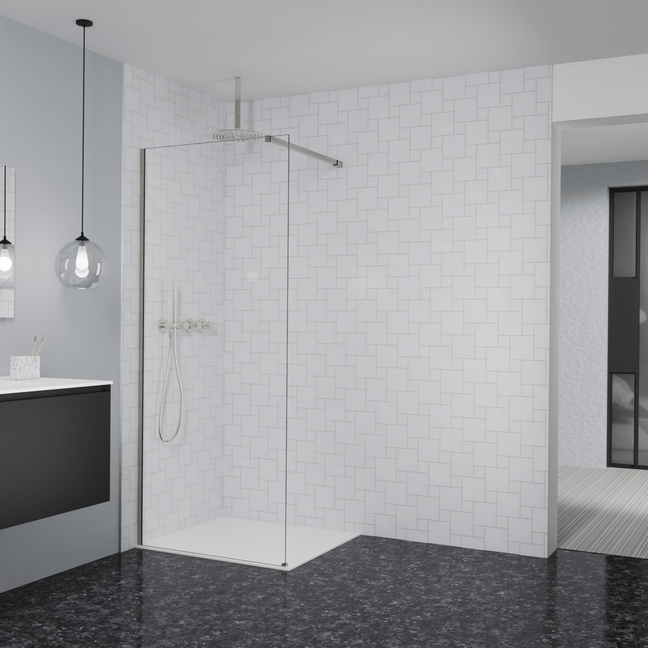 Balmani Modular douche à l'italienne: 90 x 200 cm, Verre transparent, Profil Brushed CoolMetal