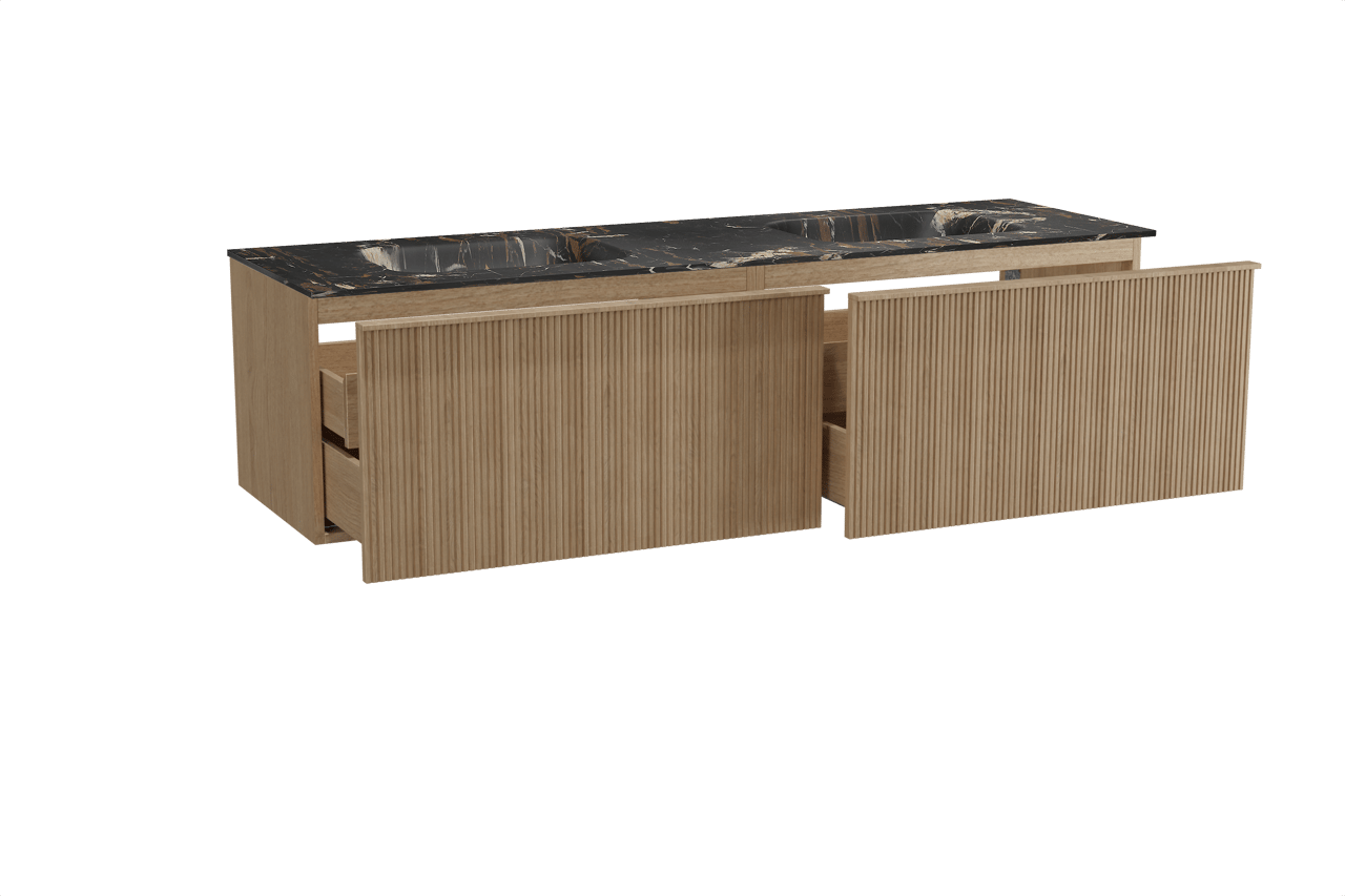 Balmani Forma hängendes Möbelstück Set: 180 x 55 cm, Naturbelassene Eiche, mit Tablo Arcato Doppelwaschtisch, Marmor, Portoro Gold, Vertikale symmetrische gerade Rippe