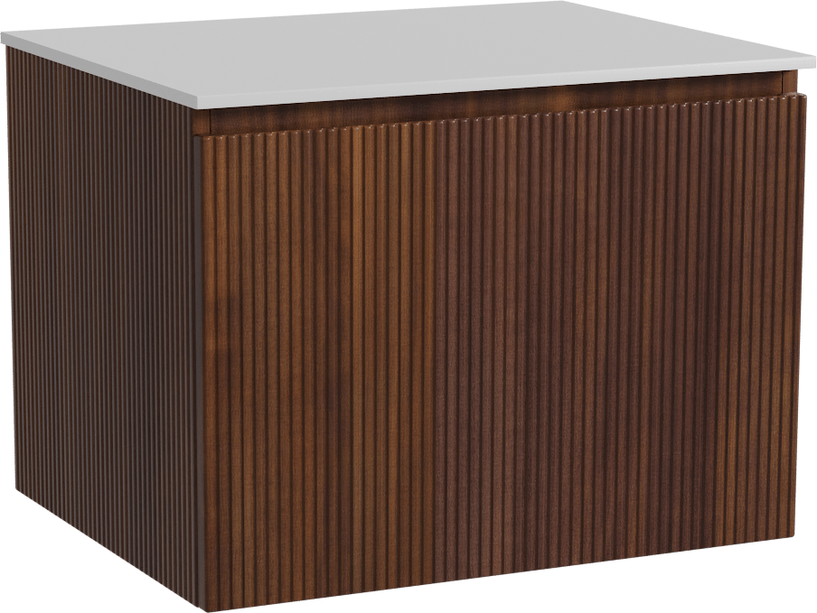 Storke Ribs zwevend badmeubel 65 x 52 cm notenhout met Tavola enkel wastafelblad in solid surface mat wit, Verticale symmetrische rechte ribbel