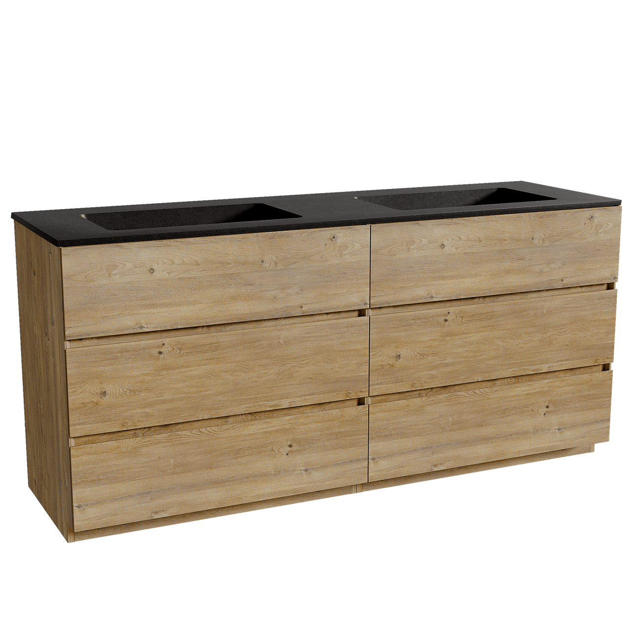 Storke Edge staand badkamermeubel 170 x 52 cm ruwe eik met Scuro dubbele wastafel in kwarts mat zwart