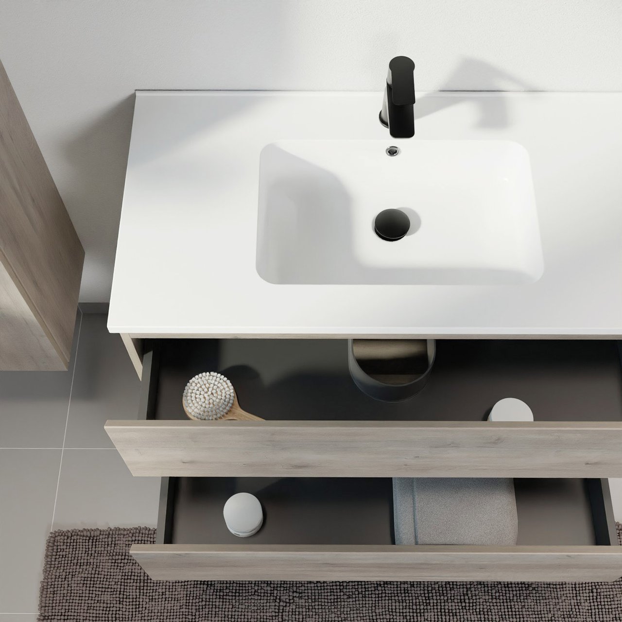 Linie Lado zwevend badmeubel 100 x 46 cm grijs eiken met Vano enkele wastafel in composietmarmer mat wit