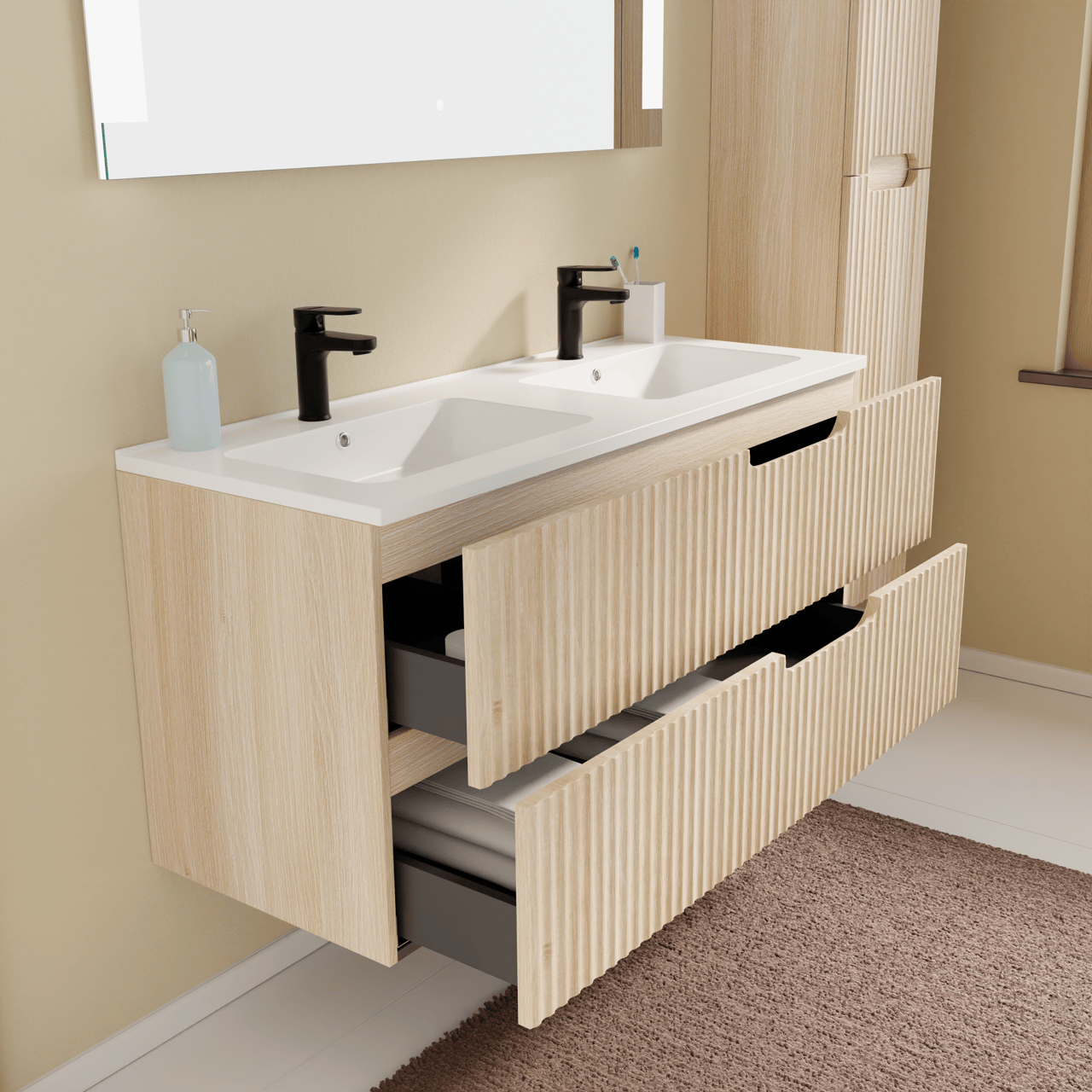 Linie Ribbo meuble salle de bains suspendu 120 x 46 cm chêne clair avec Baro double vasque en porcelaine blanc brillant, Nervure circulaire symétrique verticale