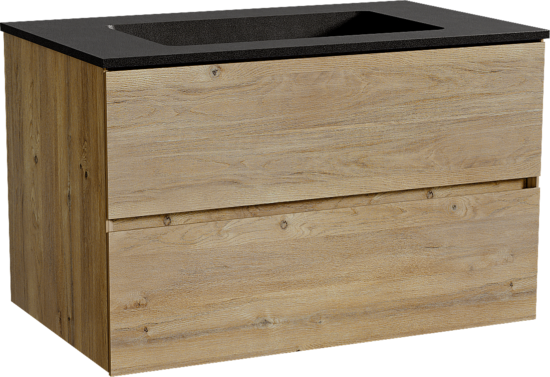 Storke Edge zwevend badmeubel 85 x 52 cm ruw eiken met Scuro enkele wastafel in kwarts mat zwart