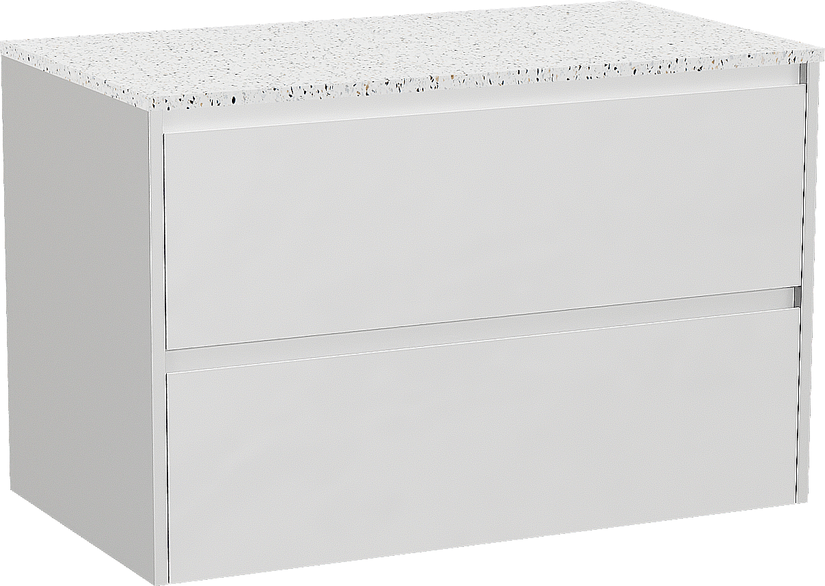 Storke Seda zwevend badmeubel 95 x 52 cm mat wit met Tavola enkel wastafelblad in mat wit/zwart terrazzo