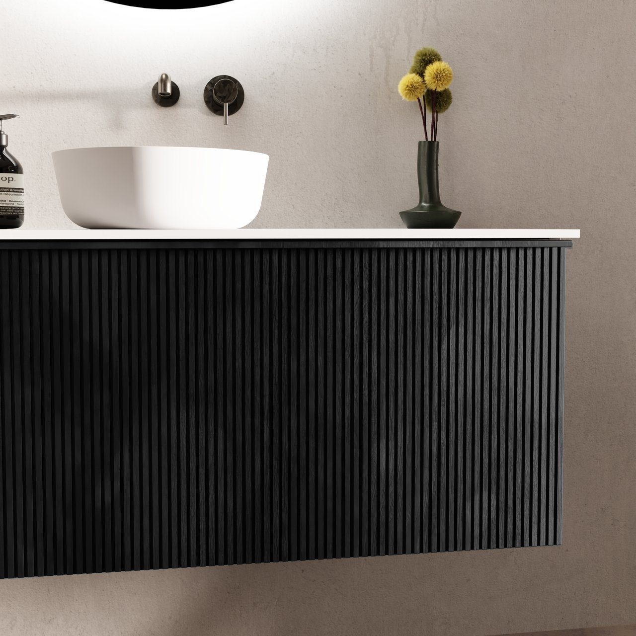 Balmani Forma meuble salle de bains suspendu 120 x 55 cm chêne noir avec Tablo Arcato lavabo simple pour 2 trous de robinet en solid surface blanc mat, Nervure droite symétrique verticale