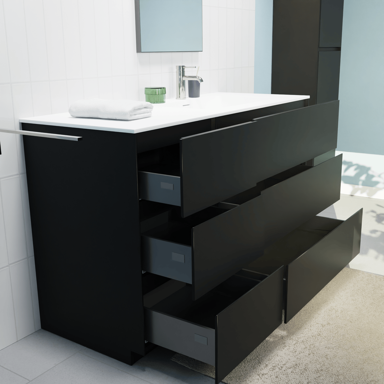 Storke Edge freistehendes Möbelstück Set: 130 x 52 cm, Schwarz matt, mit Mata Waschtisch rechts, Solid Surface Weiß matt